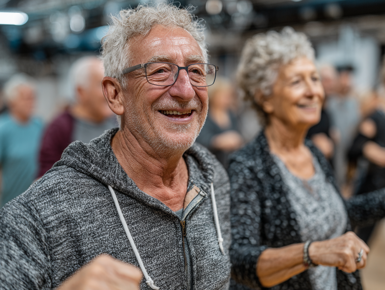 Група людей старшого віку виконує танцювальні рухи на свіжому повітрі